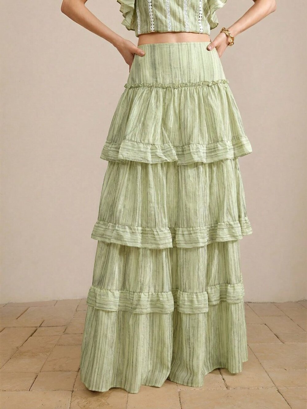 Green Boho Casual Women's Tiered Ruffle Multi-Layer Skirt - Picture 4 of 5